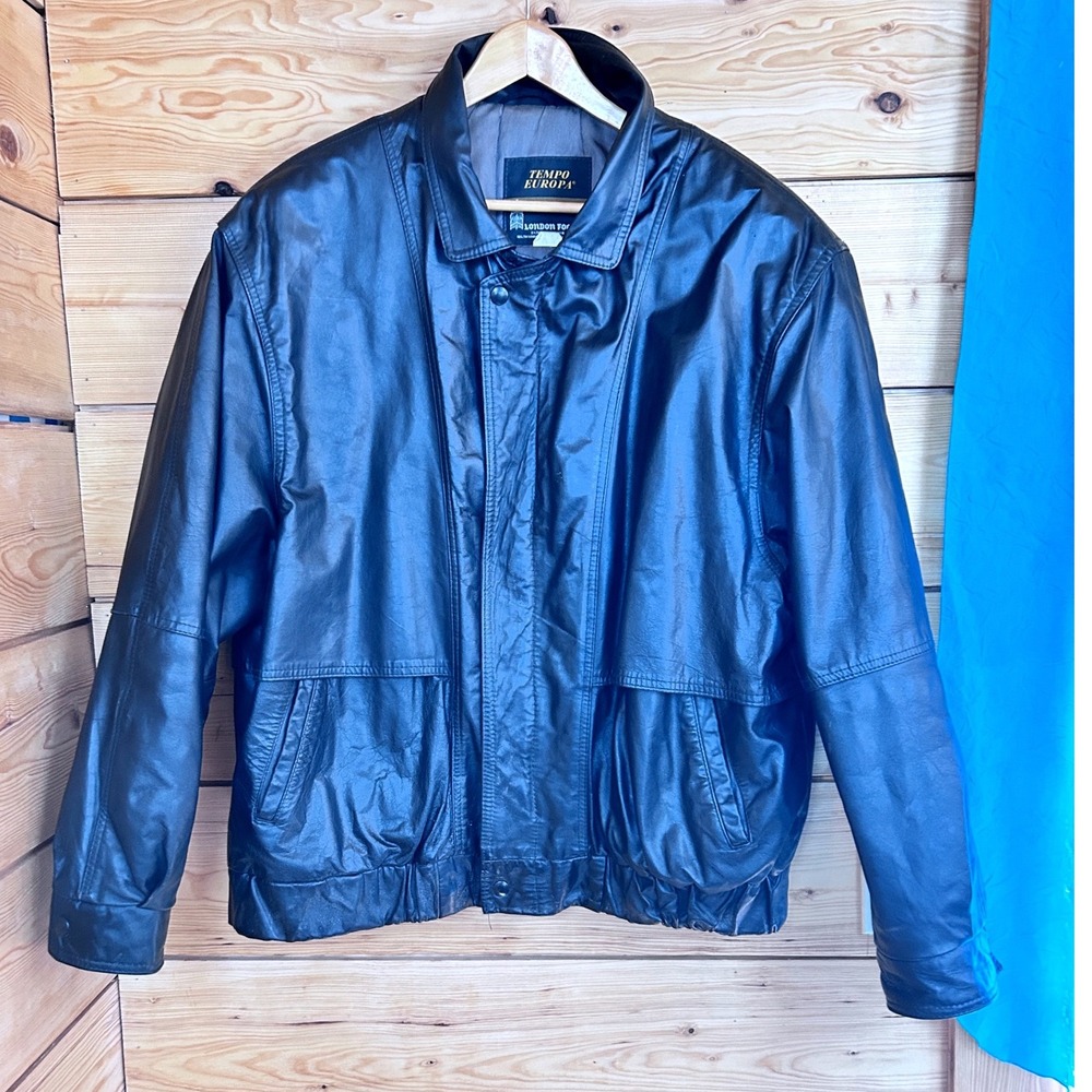 London Fog Tempo Europa Vintage 90s Black Genuine Leather Bomber Jacket Mens XL